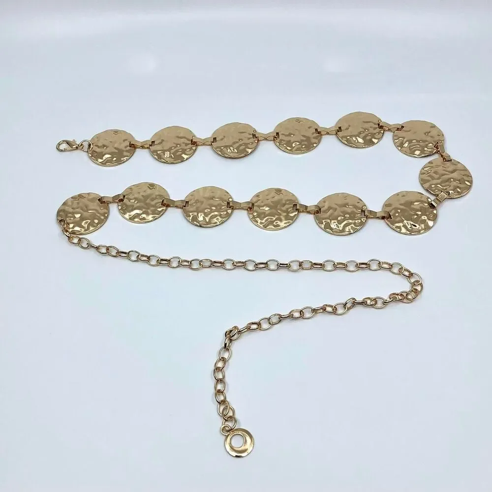 Y2K Boho Gold Hammered Disc Coin Chain Belt, Fits 24.5–42 Inches, X7GA1153